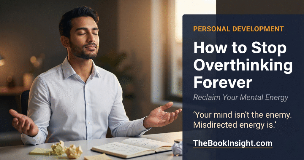 A professional man sitting at a desk with open hands and closed eyes, visibly relieved from mental clutter. The image includes an editorial text panel titled "How to Stop Overthinking Forever" for TheBookInsight.com