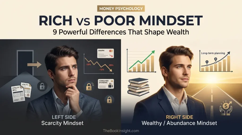 Rich vs poor mindset showing scarcity and abundance approaches to wealth