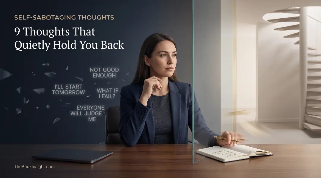 Person reflecting on self-sabotaging thoughts while facing an invisible barrier between self-doubt and forward progress