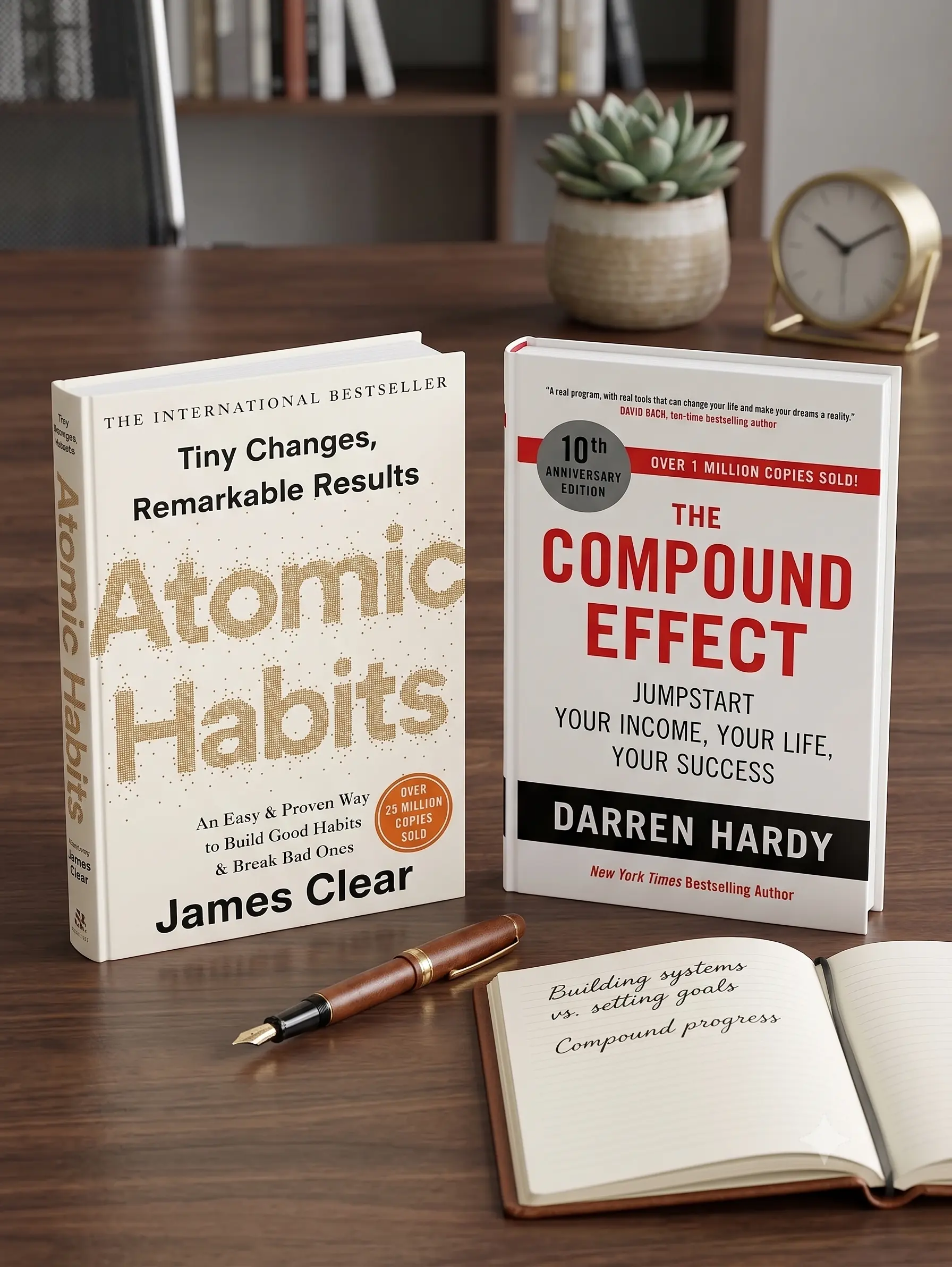 Atomic Habits vs Compound Effect books with a habit journal representing small actions and consistent growth