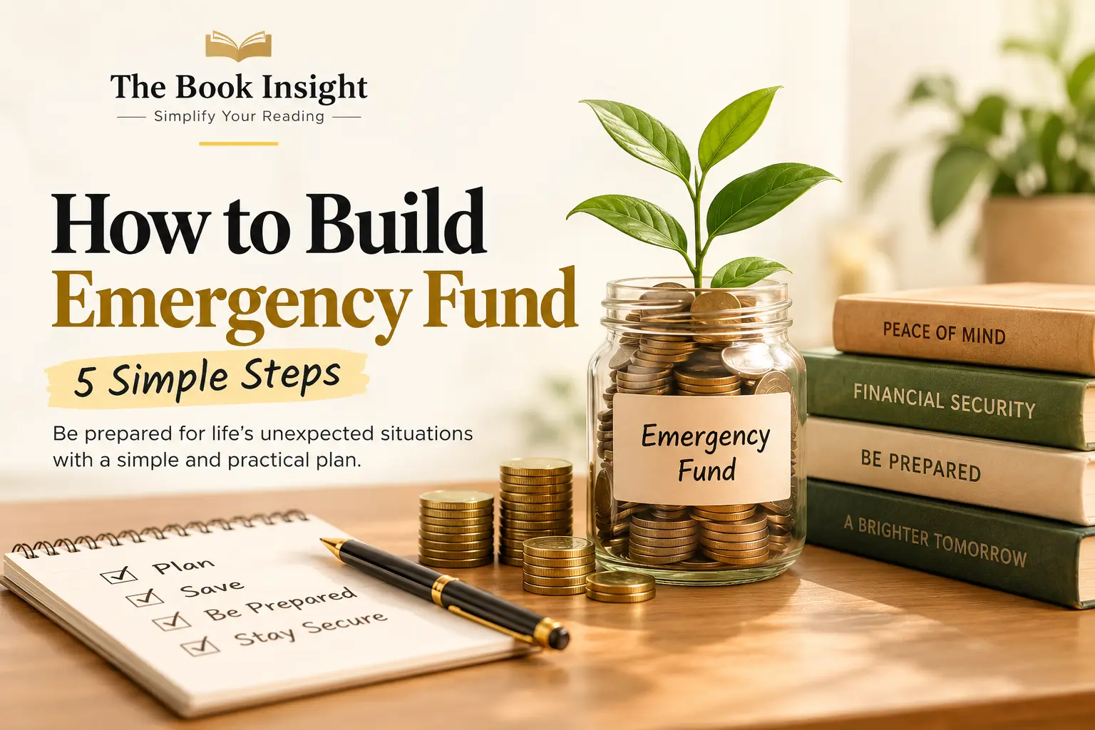 The Book Insight’s guide on how to build an emergency fund, featuring a savings jar, coins, and a step-by-step financial security plan.